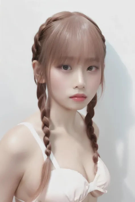 masterpiece,best quality,ultra-detailed, detailed,beautiful detailed eyes,portrait,photorealistic,official art,depth of field,faint light,face focus,sharp focus, Tom girl,Japanese, beautiful,(twin braids:1.1),hair pink brown hair,short hair,fine hair,glist...