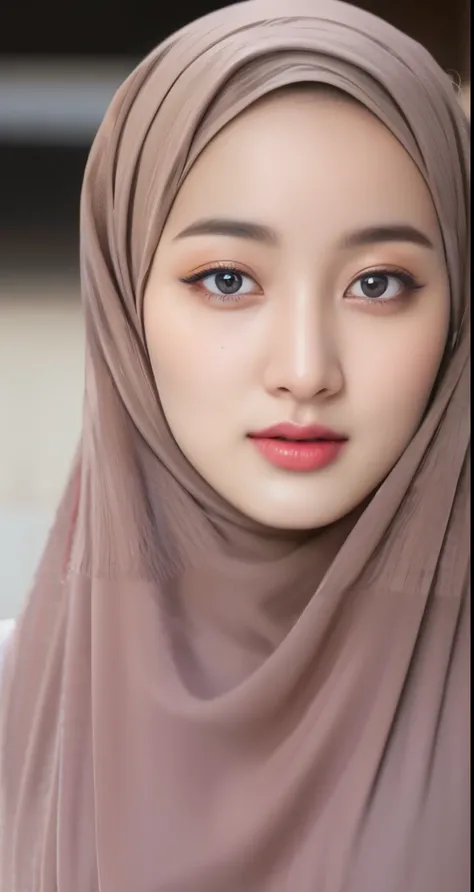 1girl hijab, ((wear hijab in head girl)), outfit hijab style, beautiful detailed eyes, beautiful detailed lips, slight smile, extremely detailed face and portrait, big breasts, detailed nipples, ((nude big breasts)), realistic, detailed tits, close-up puss...