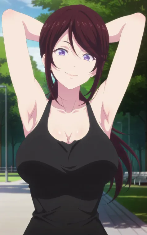 masterpiece, best quality, amazing quality, anime screencap, 1girl, solo, mm, mature female, long hair, ponytail, purple eyes, brown hair, large breasts, black tank top, sleeveless, bare shoulders, bare arms, arms behind head, armpits, head towards viewer,...