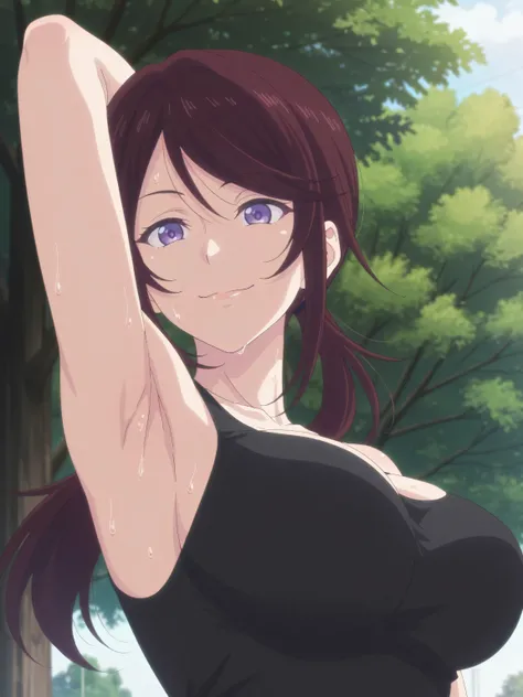 masterpiece, best quality, amazing quality, anime screencap, 1girl, solo, mm, mature female, long hair, ponytail, purple eyes, brown hair, large breasts, black tank top, sleeveless, bare shoulders, bare arms, arm behind head, armpit, head towards viewer, l...