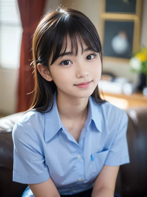 (Best quality, Masterpiece, Ultra High Resolution, (Photorealistic:1.4), Raw Photo, depth of field, professional lighting), at living room, 1girl, 15-years-old, the most famous Japanese idol, (wearing blue collared shirt and gray miniskirt), looking at vie...