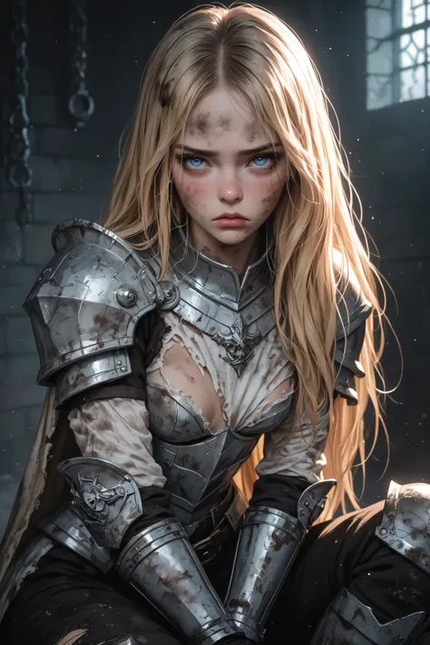 Prisoner, dirty, torn, astsuit, armor, long blonde hair, (blue eye), sadness, fear, pouting expression, sad eyes, sitting, (dark dungeon background:1.4), (dark lighting), 1girl, blush on cheeks and nose, small breast, toned abdomen, (petite body), masterpi...