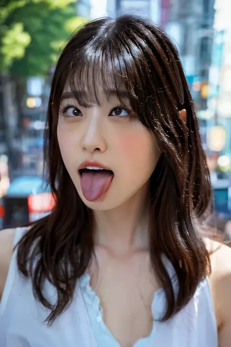 one woman, Japanese actress, (She opens her mouth wide:1.6), she looks up at the sky, (POV:1.2), composition looking down on her, Composition of the camera shooting from above, On the bustling street, in the crowd , Close-up of face , masterpiece, highres,...