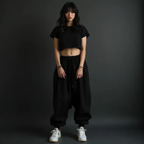 A asian female model ,  beautiful hairs ,bangs black  hairs , wearing black short  crop top, wearing  baggy pants , oversize pants  , wearing oversize pants , wearing white  nike shoes , wearing bracelete in her hands , wearing rings i, standing against th...