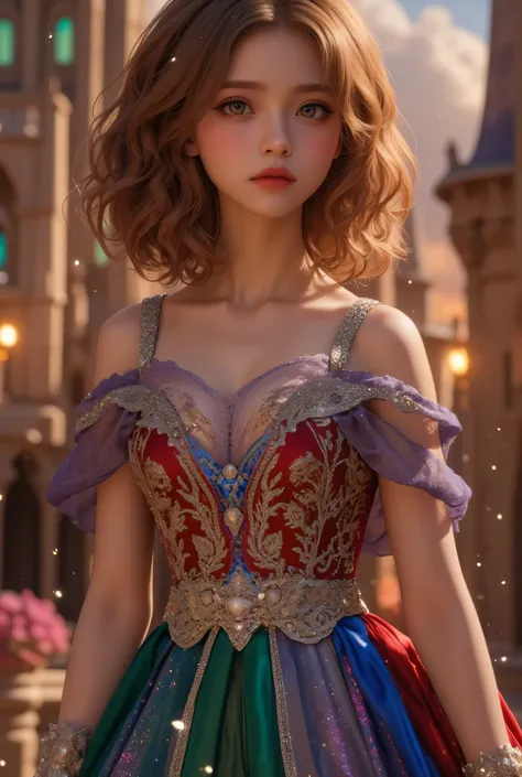 lors, deep contrast, super real, pink lipstick, lovely atmosphere, cinematic composition, close-up of face. She is wearing a breathtakingly opulent princess dress with flowing, multi-layered fabrics in a mesmerizing blend of royal blue, deep crimson, emera...