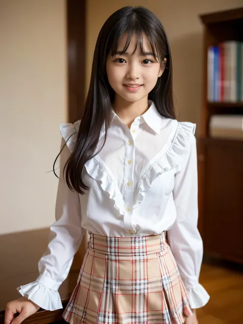 (Best quality, Masterpiece, Ultra High Resolution, (Photorealistic:1.4), Raw Photo, depth of field, professional lighting), at living room, 1girl, (((15-years-old))), the most famous Japanese idol, ((wearing cutest outfits in the world, (Burberry plaid min...