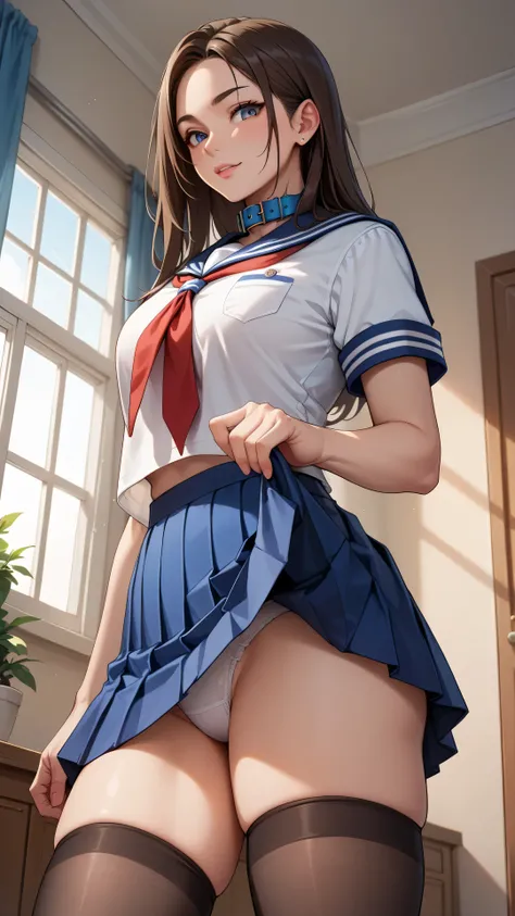 Draw a high school girl with a white shirt, short sleeves, blue collar, sailor suit, blue mini skirt, pleated skirt, and lift the skirt with one hand to reveal her white underwear. Black stockings, dark brown hair, long hair, red tie, perfect figure, beaut...