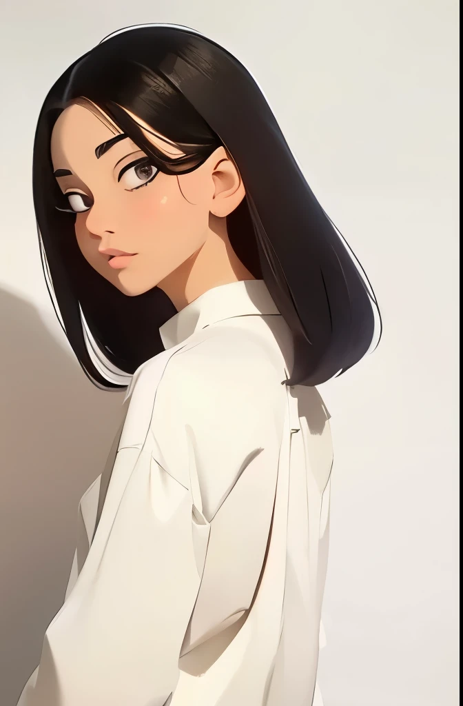 anime,(face),(beautiful detailed eyes), black hair,sliver eyes, masterpiece,looking at viewer, best_quality,white background,masterpiece,white shirt, arms behind back,  