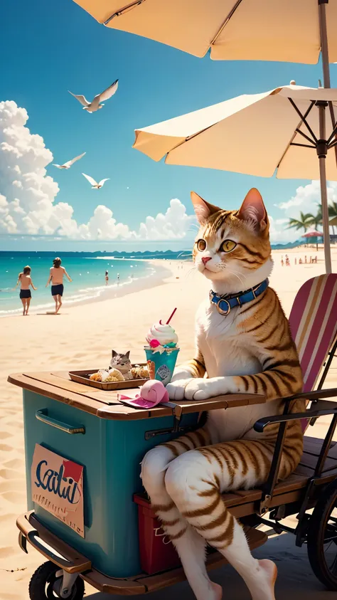 **Prompt:**  
A cute fluffy cat with big expressive eyes pushing a small ice cream cart on a sunny beach. The cat has soft fur, perked-up ears, and a cheerful expression. The ice cream cart is colorful, decorated with pastel shades, and has small umbrellas...