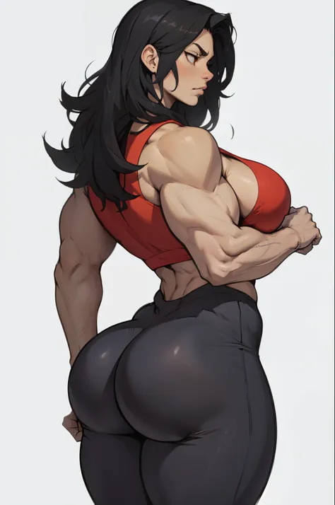 sad solo standing skintight ((muscular girl)) toned body massive breasts yellow eyes black hair pale skin thick very long hair very long hair empty eyes embarrassed thick