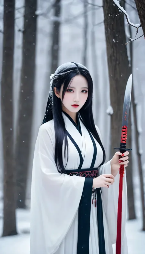 Arab woman in a white robe holding a knife in a snowy forest,  anime girl cosplay, Anime Cosplay, White Hanfu,  fantasy character pictures , Inspired by Li Meishu ,  Beautiful Girl Necromancer , Beautiful Necromancer, Jan J, Chen Yifei , guweiz style art, ...