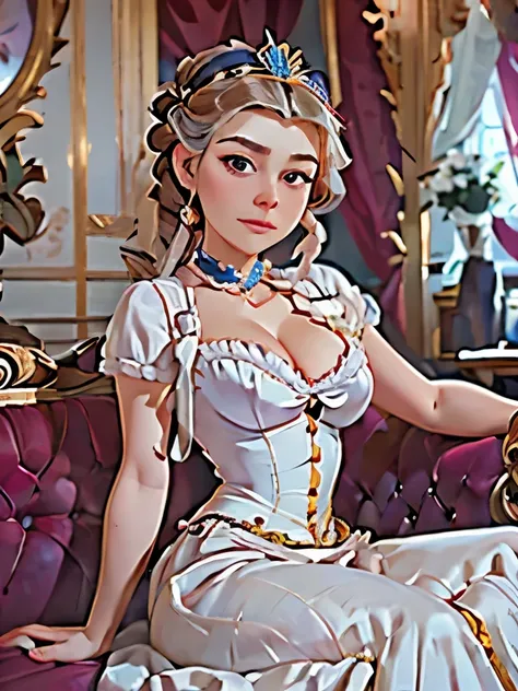 arafed woman in a white dress sitting on a blue couch, a photorealistic painting inspired by Franz Xaver Winterhalter, trending on cg society, rococo, gorgeous woman, royal elegant pose, ( ( konstantin razumov ) ), elegant digital painting, portrait painti...