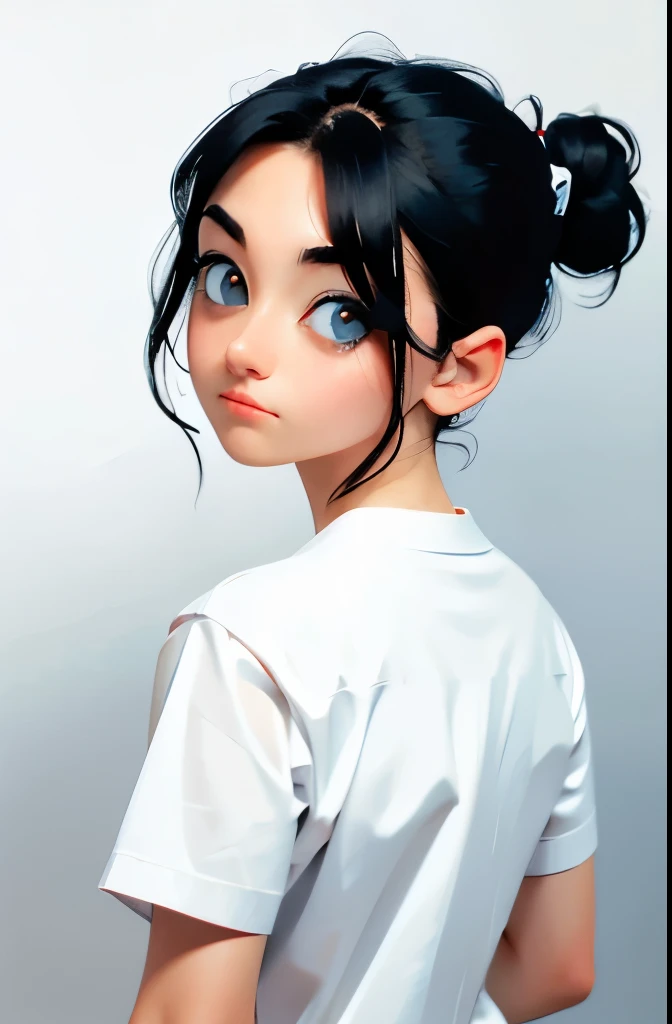 anime,(face),(beautiful detailed eyes), black hair,sliver eyes, masterpiece,looking at viewer, best_quality,white background,masterpiece,white shirt, arms behind back,  