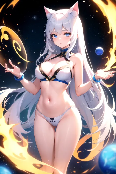 ( Masterpiece ,  Best quality :1.4),  1 girl, with long white hair, blue eyes, with lush soft breasts, in white underwear, with white cat ears, uses magic circles, blue flame poems, and magic circles, poems of space and time