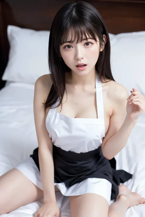  naked apron、 white apron， white bed，Lie down on the bed， open legs， long hair，Sweat， close your eyes， Sensual Expression， open your mouth and stick out your tongue， excessive semen in the mouth， fellatio gesture ，Sucking a dildo