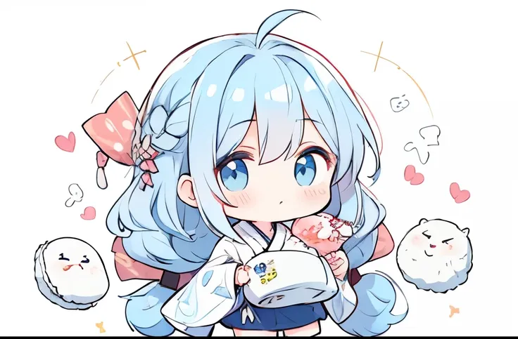 (masterpiece:1.2, best quality), ((pink heart shaped patterns)) are arranged background,solo,chibi character,a cute girl:0.7\(french braid hair on top,light blue hair, long hair, fluffy hair,french braid hair on top,white skin,closed big eyes,blue eyes,no ...