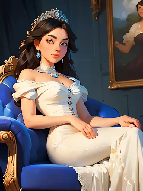 arafed woman in a white dress sitting on a blue couch, a photorealistic painting inspired by Franz Xaver Winterhalter, trending on cg society, rococo, gorgeous woman, royal elegant pose, ( ( konstantin razumov ) ), elegant digital painting, portrait painti...