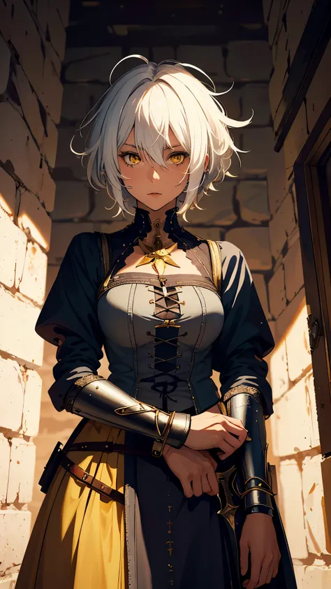 ((masterpiece, best quality)), (1girl, anime girl in dark prison),(mature, tan skin), (solo), (female focus), (white hair, short hair, messy hair),yellow eyes, ((medieval clothing)), tan skin, evil, vicious, portraits, half body, vibrant colors, soft light...