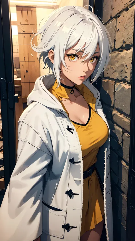 ((masterpiece, best quality)), (1girl, anime girl in dark prison),(mature, tan skin), (solo), (female focus), (white hair, short hair, messy hair),yellow eyes, ((medieval coat)), tan skin, evil, vicious, portraits, upper body, bust up, half body, vibrant c...