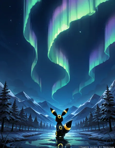 (sideview),looking away+, on all four,Umbreon( Pokemon ),black luck , geometric mystical background,wilderness,night,, Fantastic, Aurora Revolution,A sinister atmosphere, (main character: 1.3), fantastic world view,lineart, manga style,illustration