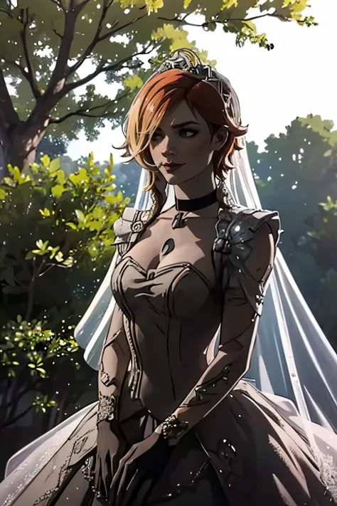 Lilith Borderlands, hair between eyes, ahoge, blonde hair, star \(symbol\), hair ornament, ruffled tulle dress, cleavage, bare shoulders, collarbone, long black elbow gloves, black gloves, black dress, black choker, strapless, tiara, veil, strapless dress...