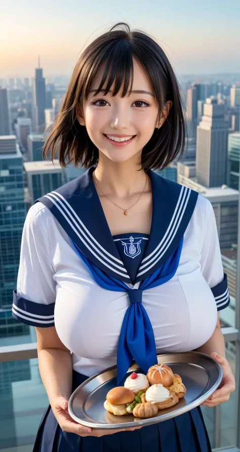  by Nomi， super detailed，64k，(((From the feet to the whole body)))、((( black hair,  straight bob on a silver tray)))、(((I can see the Tokyo skyline in her background、Classic high quality images taken by )))、((( high school sailor uniform)))、Japanese and Ch...