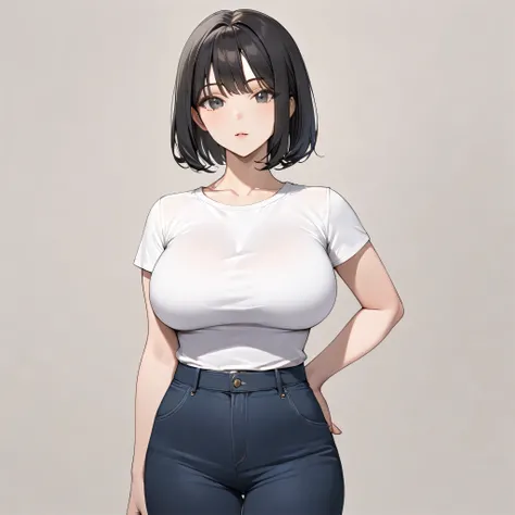  girl　 is standing　 breasts are big　 black hair　Short hair　 SIMPLE 　 plain clothes 　