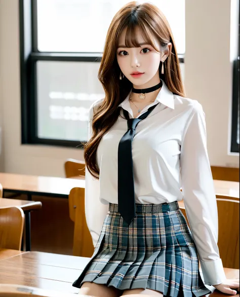 Masterpiece, top quality,sitting on the desk, green, Japanese, ktgw , long hair, Swift Bangs, multi-colored hair , color chip , blond hair, Brown Eyes, chest, ear piercing, bead bracelet, Long-sleeved shirt with arms rolled up, tied shirt ,...