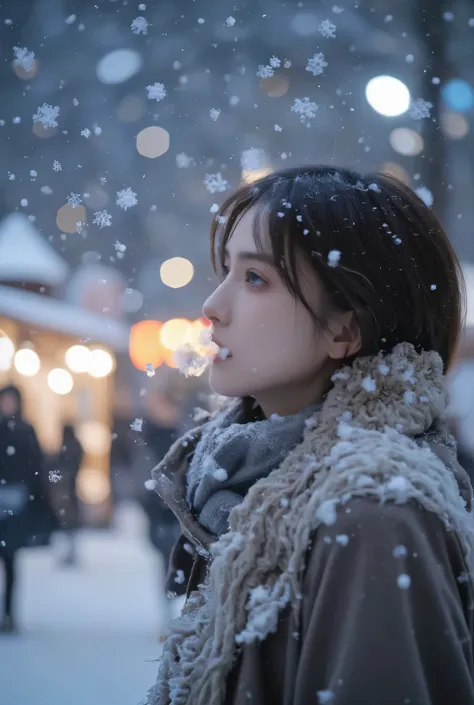 （masterpiece, best quality :1.2), winter,1 woman, [white breath] 、( Fantastic)Winter Festival 、 Snowflakes、❄️、cinematic lighting ,focus on her face,background blur,  fantastic