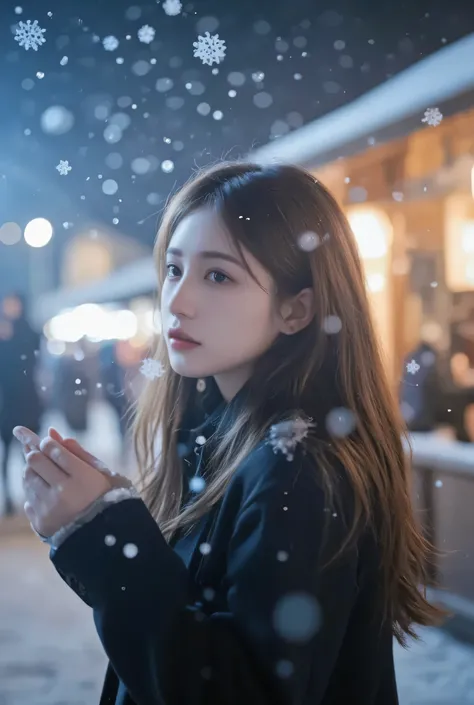 （masterpiece, best quality :1.2), winter,1 woman, [white breath] 、( Fantastic)Winter Festival 、 Snowflakes、❄️、cinematic lighting ,focus on her face,background blur,  fantastic