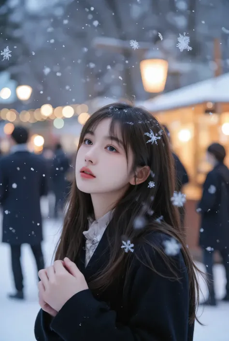 （masterpiece, best quality :1.2), winter,1 woman, [white breath] 、( Fantastic)Winter Festival 、 Snowflakes、❄️、cinematic lighting ,focus on her face,background blur,  fantastic