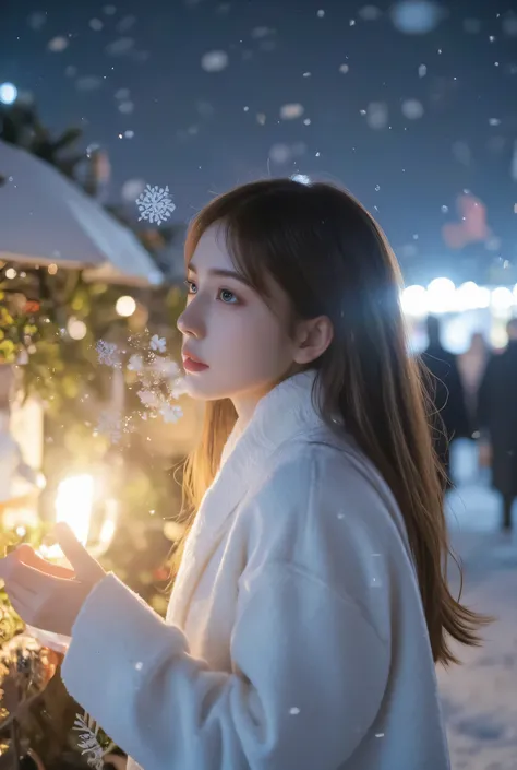 （masterpiece, best quality :1.2), winter,1 woman, [white breath] 、( Fantastic)Winter Festival 、 Snowflakes、❄️、cinematic lighting ,focus on her face,background blur,  fantastic