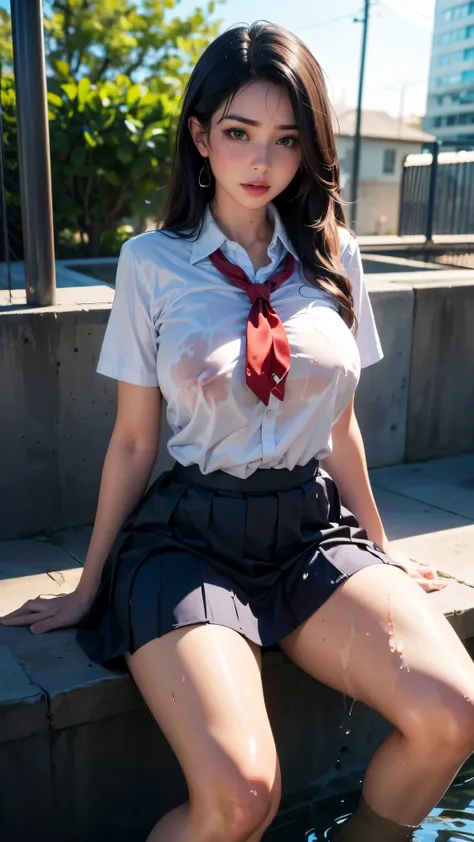  beautiful girl, 4k quality, whole body, Realistic skin,  Sweating,  random face,  Random Hairstyle,  huge breasts, Wet white student uniform, NIPPLE PATCH, Leg 