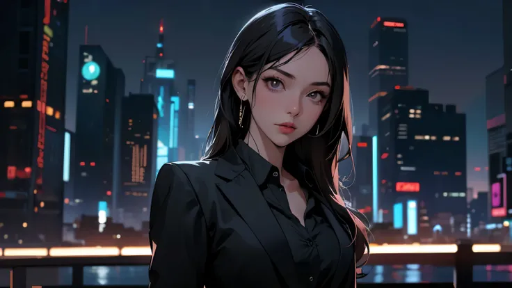 anime  girl in a suit  standing in front of a city at night, Defeated Technology. Neo Black Style,  girl in a suit , Anya from Spy Family,  girl in a suit , Neo-Noir Style,  background artwork,   digital cyberpunk anime art  , Neo Black Style, cyberpunk an...