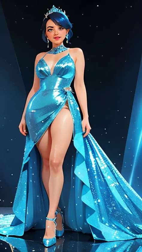 a woman in a blue dress posing for a picture, icey blue dress, metallic cyan bodysuit, glitter dress, shiny and sparkling, a blue dress, sequins, stylish dress, diamond shimmering dress, wearing a sparkling dress, blue dress, sophisticated dress, mercury d...