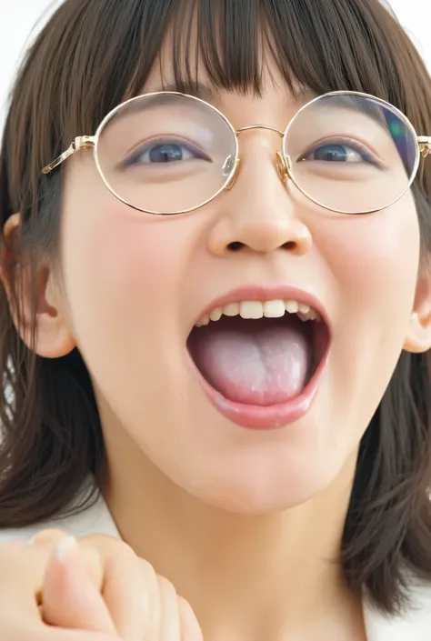 Perfect Yoshioka Riho(  mouth, After a blowjob、  ejaculates in your mouth  ),32k 8k super high image quality masterpiece, well-groomed face, realistic eyes, high brightness, real eyes, eyes wide open, like in a photo, focus on the face, smile, show a wet t...