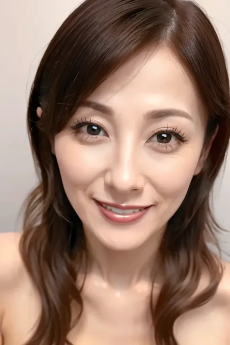 (  top quality、  Table Top、8k、  Highest Quality、  Award-winning work  )、( Close-up of face:1.4)、 smile、  accurate anatomy、 ( nudes:1.4)、 Elegant Simple Blur Background  、 look at me、  natural cosmetic 、Beautiful glowing skin、 Large Bow-shaped Chest  、  glo...