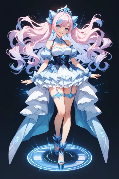 A cute but slightly clumsy female character with a futuristic, elegant style. She has long, flowing hair with digital accents and holographic highlights. Her eyes are bright and expressive, reflecting a sense of wonder and playfulness. Her outfit is a mix ...