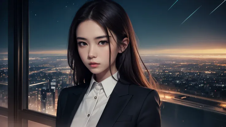 Beautiful woman in a suit。She's 25 years old 。Detailed drawing of the face。 dark brown hair。 She is staring at the camera with a serious expression。A futuristic city spreads out in the space behind her 。Time: Night。
