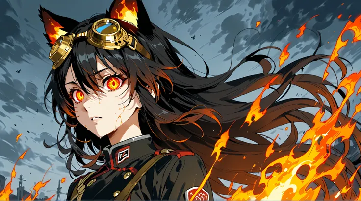   1girl  , (Face focus and zoom with flame eyes:1.4).
 has mature dignity and strength 、 Manipulate Fire with a Single Wave of Arms 、 creates an elaborate sword with that momentum 。What are the characters and backgrounds drawn in detail、 lyrical power and ...