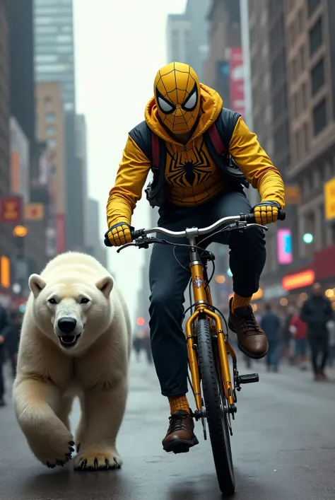 Spiderman in yellow-black riding a bicycle on the city area, with a polar bear. 