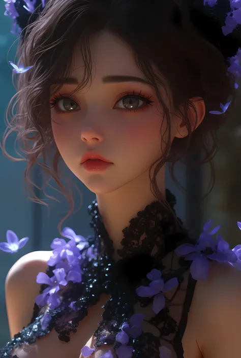 
a close up of a person wearing a unique cruella movie like Dress,Dress,  fairies cgsociety ,  3d realistic anime style , Realistic anime style ,  Realistic Style Anime Art on pixiv , 2.  5d cgi anime fantasy art ,  Realistic Cute Girl Painting ,  Realisti...