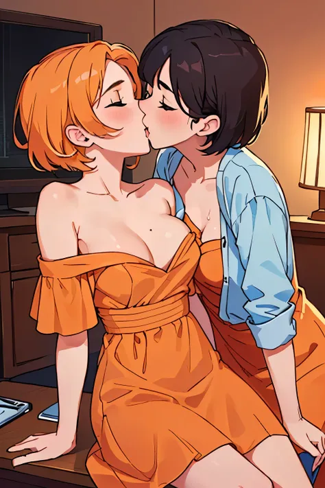 Shirtless boy kissing and making out with a sexy women wearing an off shoulder orange dress who is sitting on the desk in a bedroom