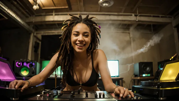 high contrast cinematic shot of a charismatic disc jockey, a sexy dark skinned girl with dreadlocks and striking red yellow green rasta accessories, standing right in the middle facing forward confidently while playing with dj music and swaying in a dimly ...