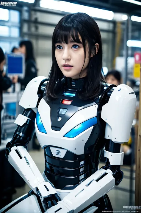 masterpiece, top quality, extremely detailed, Japanese Cyborg Girl , plump , control panel ,アンdroid,droid,, Robot Arms and Legs , Black Robot Parts, black hair,Machine,blunt bangs,White robot ics parts,perfect robot girl,Long Tube, thick cable...