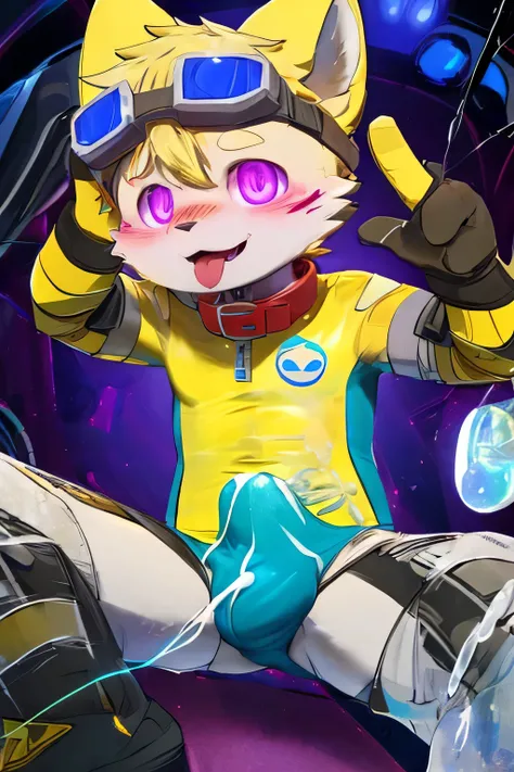 (shota), male furry, (yellow leotard), gay, full body, horny face, (bulge), blush, grin, showing bulge, (yellow swimsuit), standing , (spread legs), looking at viewer, corrupted, mind control, obedient, proud, brainwashed, yellow arm sleeves, yellow leg sl...