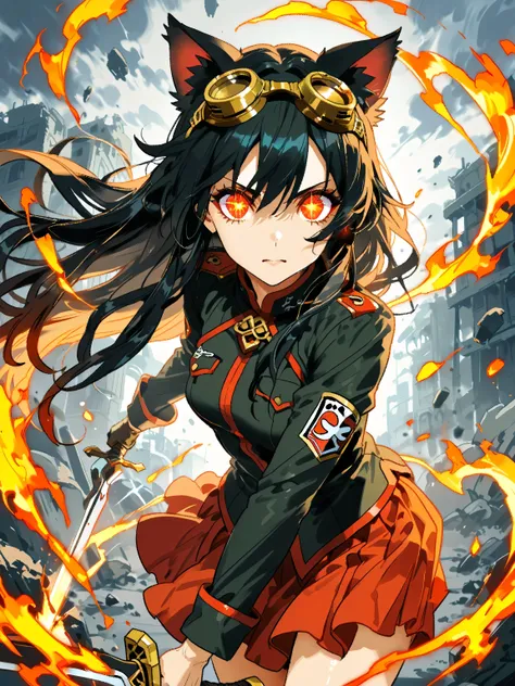   1girl  , (Face focus and zoom with flame eyes:1.4).
 has mature dignity and strength 、 Manipulate Fire with a Single Wave of Arms 、 creates an elaborate sword with that momentum 。What are the characters and backgrounds drawn in detail、 lyrical power and ...