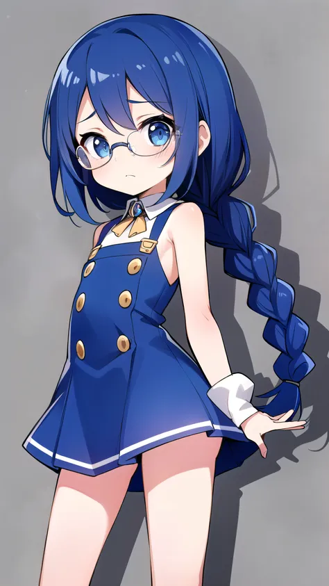 small breasted girl, ((loli:1.2)), short, , royal blue hair, single braid, blue eyes, round eyes, shy, shy, , short, young face, short height, , glasses with no edges,flat chest,