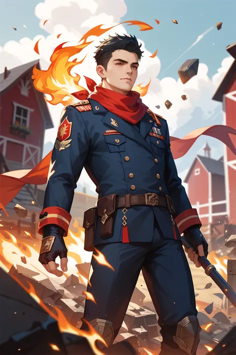 A man with black hair and fiery red eyes wore a black official uniform with white patterns, and he wore a red scarf with white flames as the pattern.,Background of farm debris shadows,Fantasy world,Middle Ages