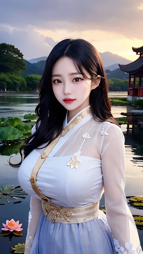 Seo Ryeon is a celestial goddess with a mystical and calming aura. She wears a pearly white dress embroidered with golden lotus flowers, transparent sleeves with cloud motifs, and a jade belt. Her hair is long and bluish black, adorned with a golden cresce...